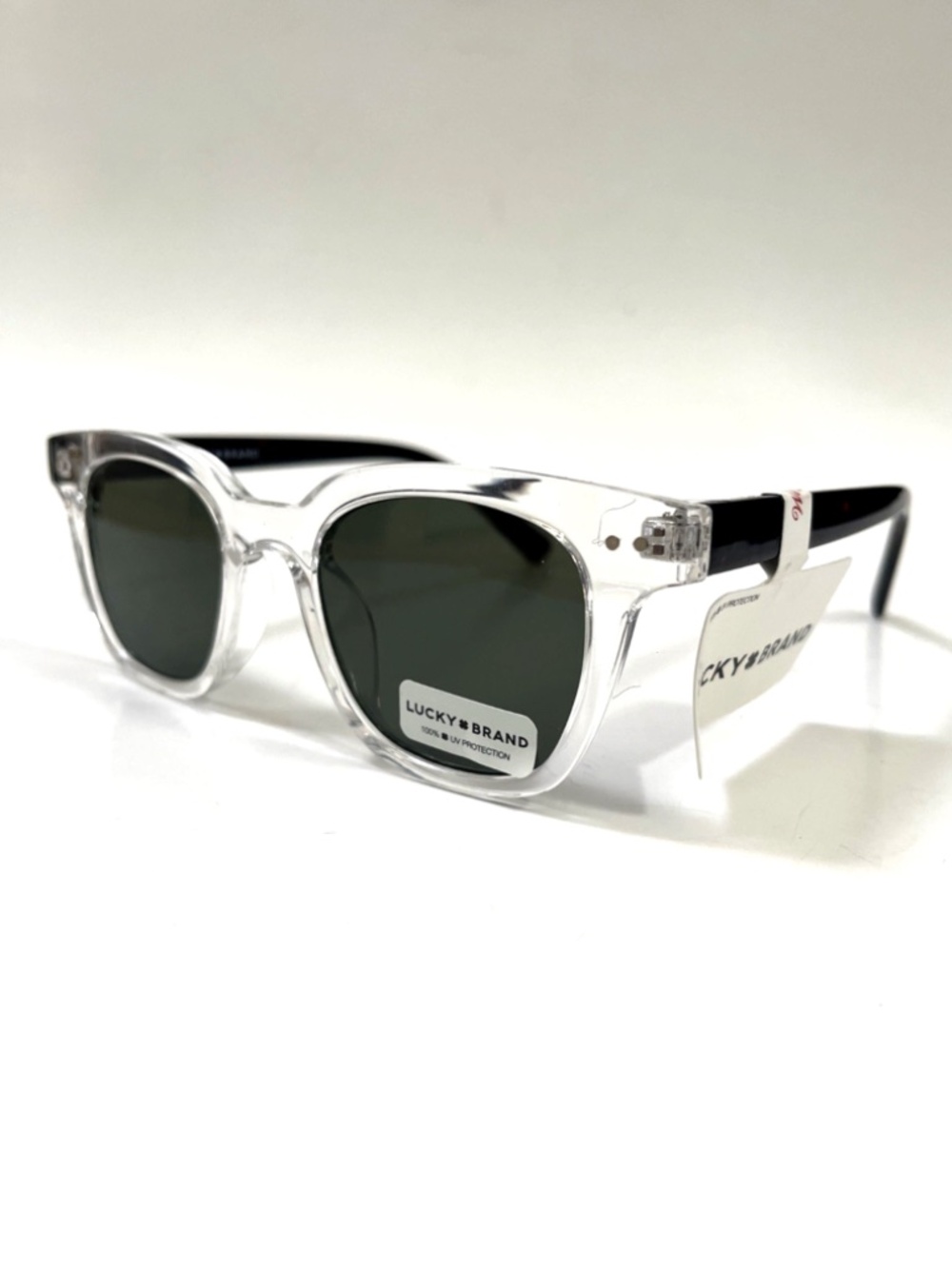 New LUCKY BRAND Classic Sunglasses Clear Frame Black Leg Acetate Green Lens
